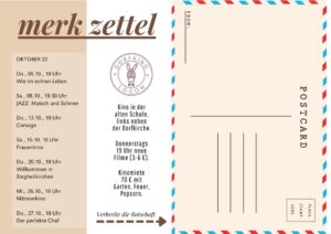 Klapppostkarte als Flyer Dorfkino Lögow - Oktoberausgabe - Innenteil Seiten 2 und 3